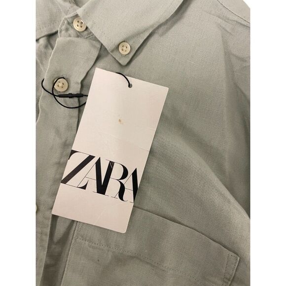 Zara Mens Linen Shirt M Medium Light Green Button Down Long Sleeve 1063/467 NWT - Picture 4 of 9